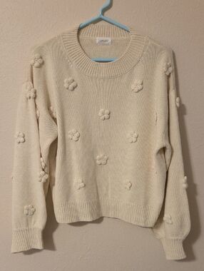 Cream Floral Pom-Pom Crewneck Sweater